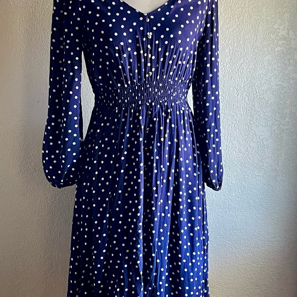 Petite Large Navy Polka Dot Long Sleeve Dress